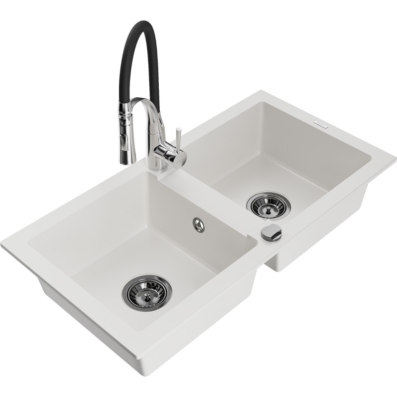 Mexen Mario 2-Kammer-Granits.Spüle mit Küchenarmatur Aster, weiß - 6504-20-73450-07-B
