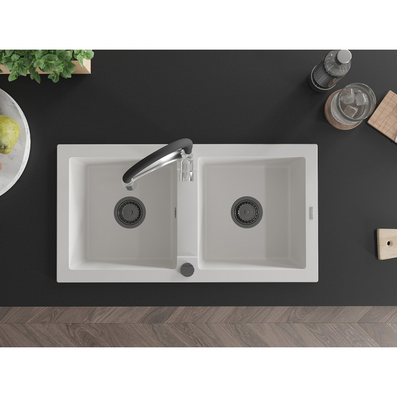 Mexen Mario 2-Kammer-Granits.Spüle mit Küchenarmatur Aster, weiß - 6504-20-73450-07-B