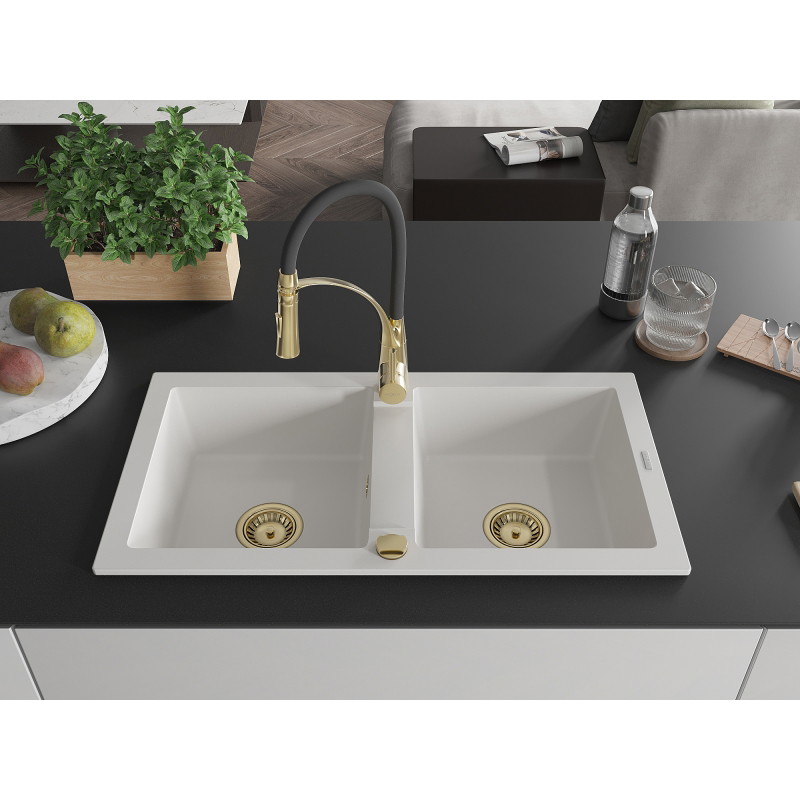 Mexen Mario granite doppelwaschbecken mit Küchenarmatur Aster, weiß - 6504-20-73450-57-G