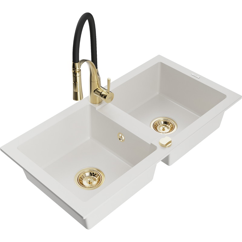 Mexen Mario granite doppelwaschbecken mit Küchenarmatur Aster, weiß - 6504-20-73450-57-G