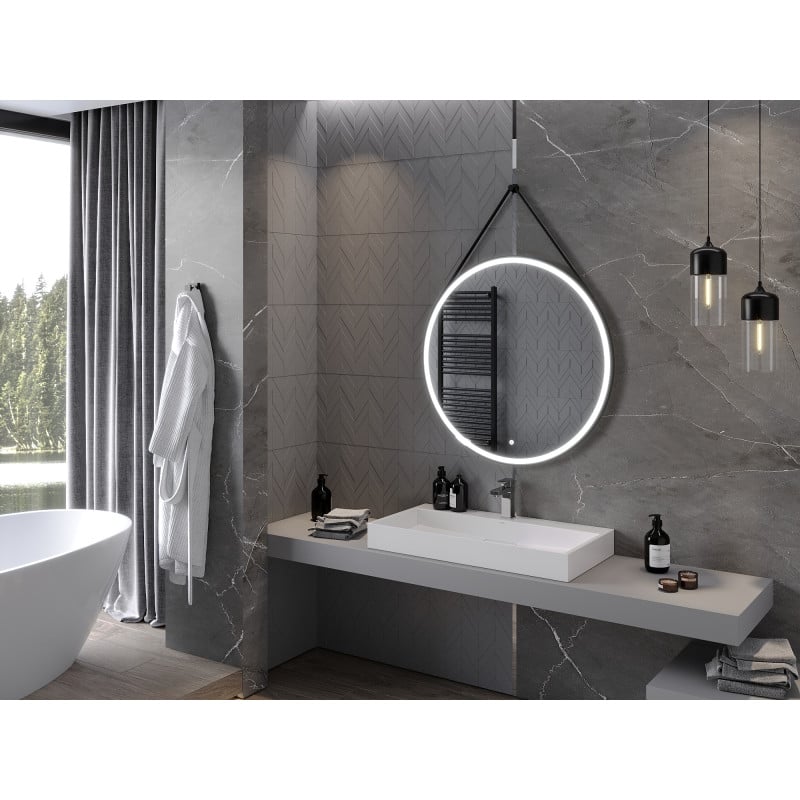 Mexen Reni beleuchteter runder Badezimmerspiegel, 90 cm, LED 6000K, Antibeschlag, schwarzer Rahmen - 9812-090-090-611-70