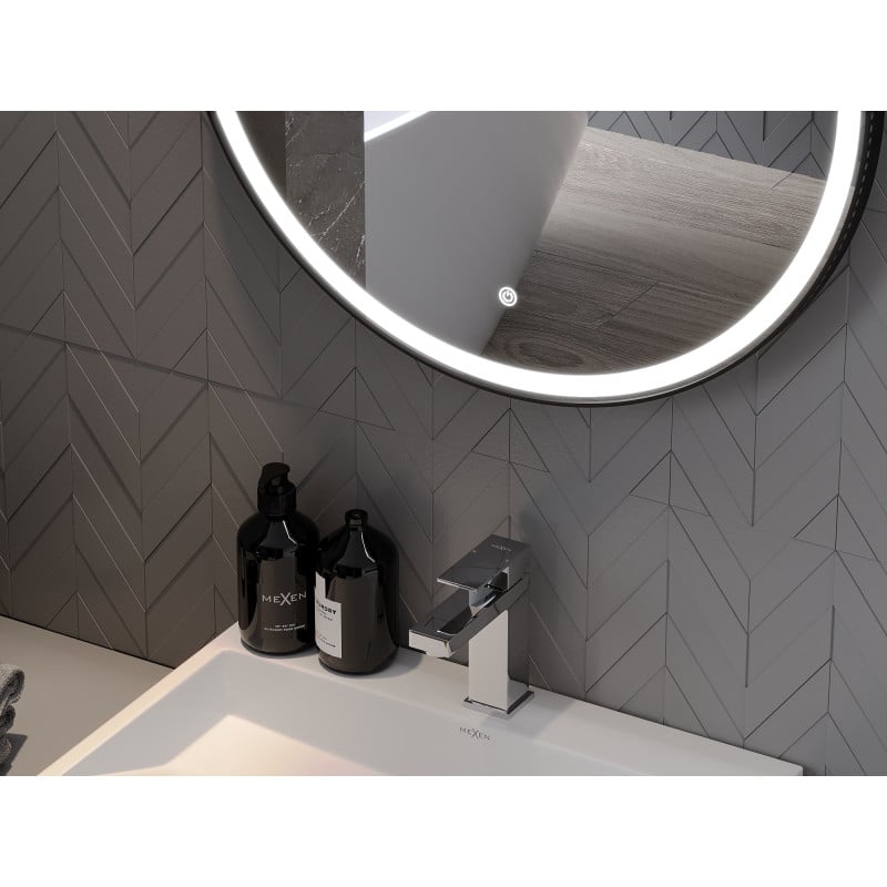Mexen Reni beleuchteter runder Badezimmerspiegel, 90 cm, LED 6000K, Antibeschlag, schwarzer Rahmen - 9812-090-090-611-70