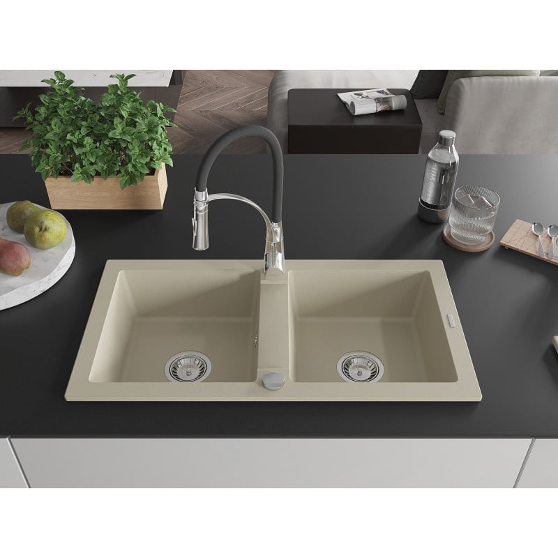 Mexen Mario Granitspüle 2-beckig mit Küchenarmatur Aster, beige - 6504-69-73450-07