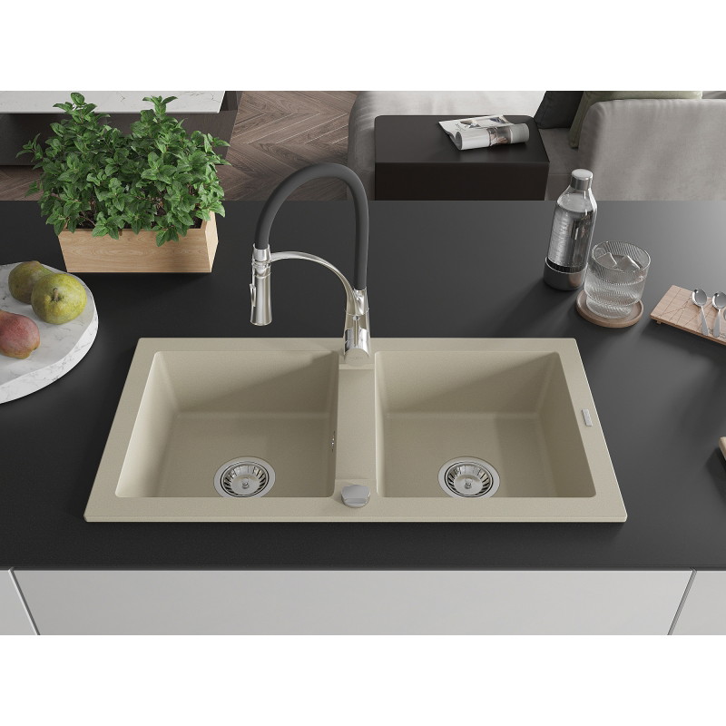 Mexen Mario Granitspüle 2-Kammer mit Küchenarmatur Aster, beige - 6504-69-73450-07