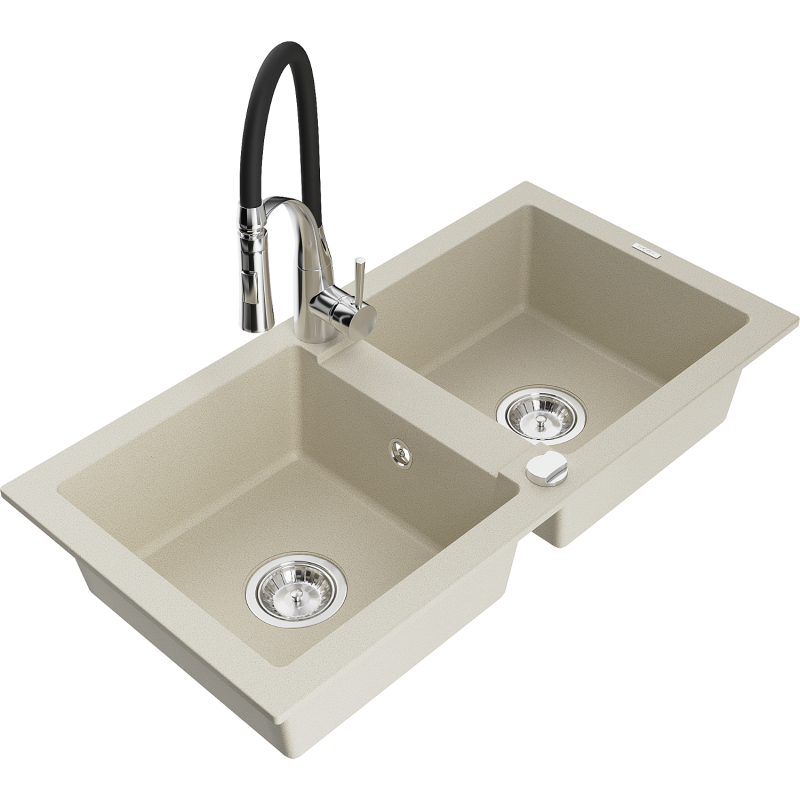 Mexen Mario Granitspüle 2-beckig mit Küchenarmatur Aster, beige - 6504-69-73450-07