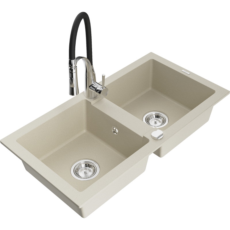 Mexen Mario Granitspüle 2-Kammern mit Küchenarmatur Aster, beige - 6504-69-73450-07