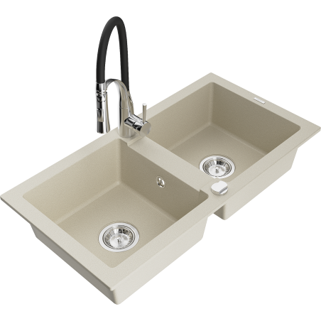 Mexen Mario Granitspüle 2-beckig mit Küchenarmatur Aster, beige - 6504-69-73450-07