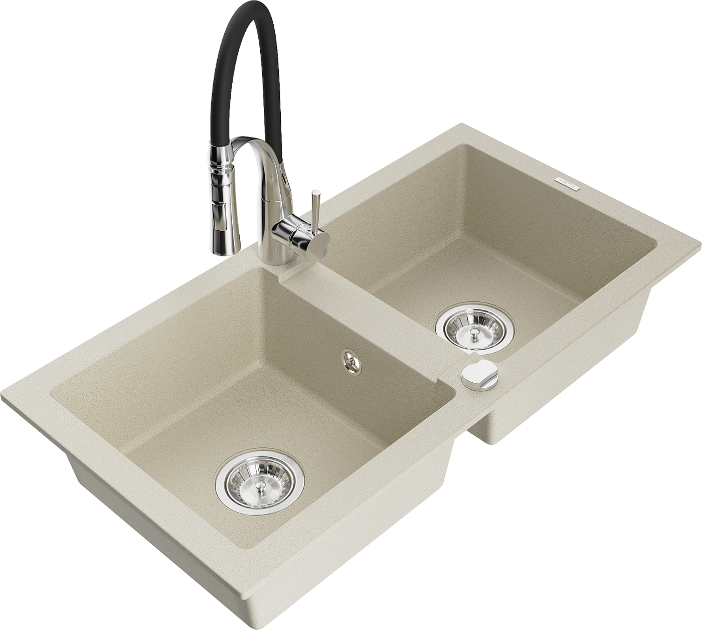 Mexen Mario 2-Becken-Granitspüle mit Mischbatterie Aster, Beige - 6504-69-73450-07