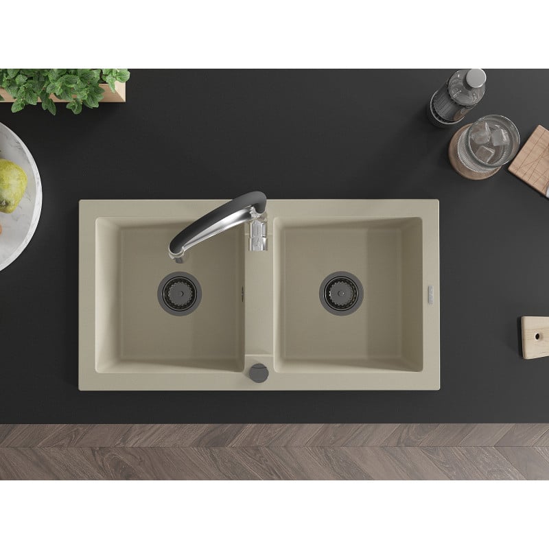 Mexen Mario Granitspüle 2-Kammer mit Küchenarmatur Aster, beige - 6504-69-73450-07-B