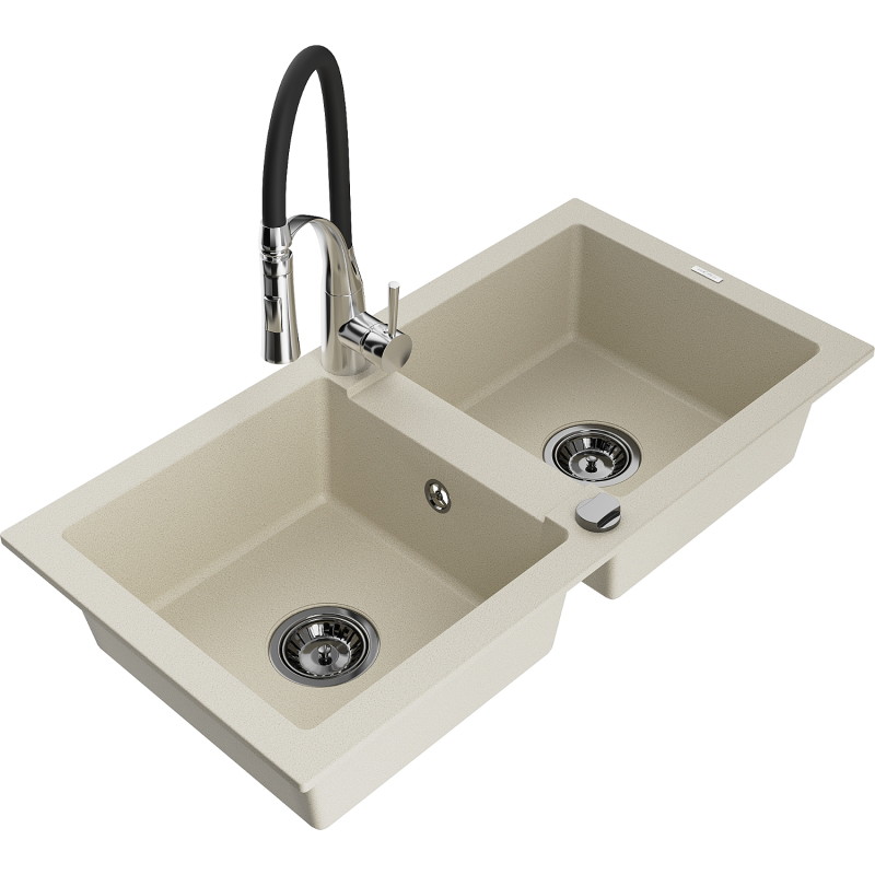 Mexen Mario granitspüle 2-fach mit Küchenarmatur Aster, beige - 6504-69-73450-07-B