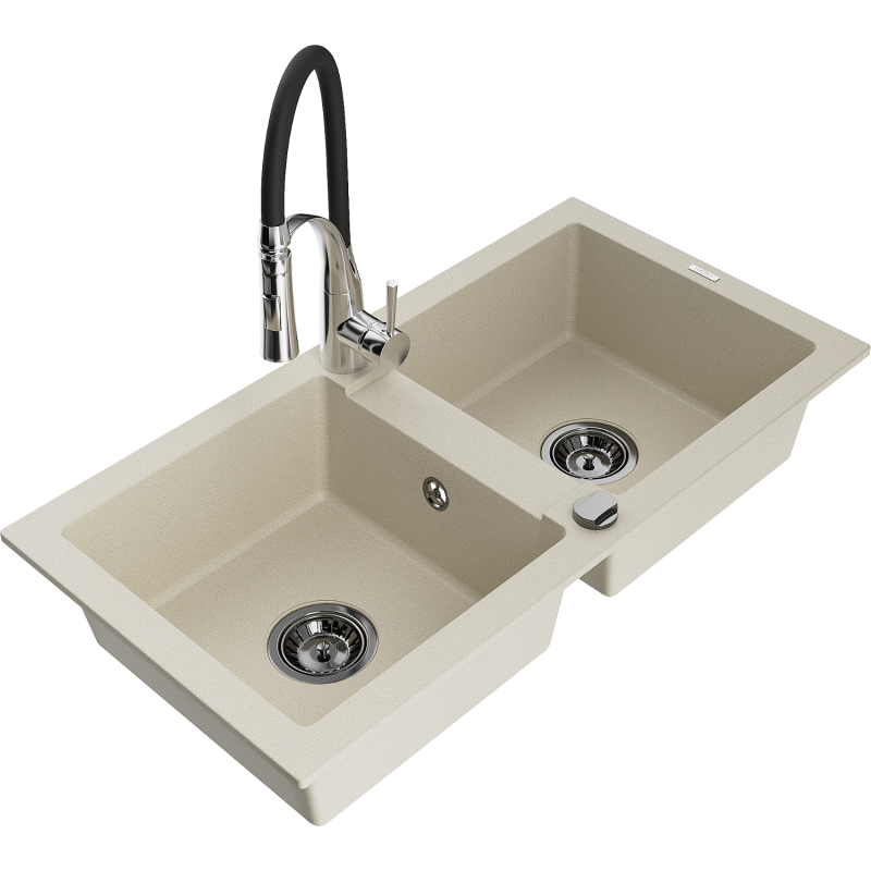 Mexen Mario Granitspüle 2-Kammer mit Küchenarmatur Aster, beige - 6504-69-73450-07-B