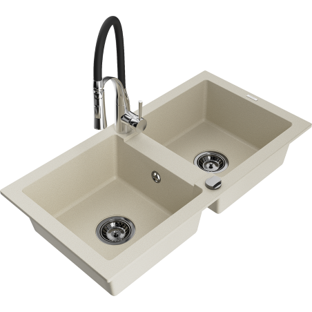 Mexen Mario Granitspüle 2-Kammer mit Küchenarmatur Aster, beige - 6504-69-73450-07-B