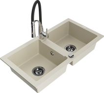 Mexen Mario Granitspüle 2-Kammer mit Küchenarmatur Aster, beige - 6504-69-73450-07-B