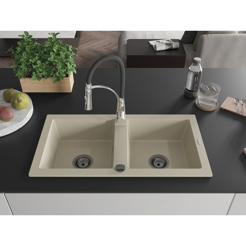Mexen Mario granitspüle 2-fach mit Küchenarmatur Aster, beige - 6504-69-73450-07-B