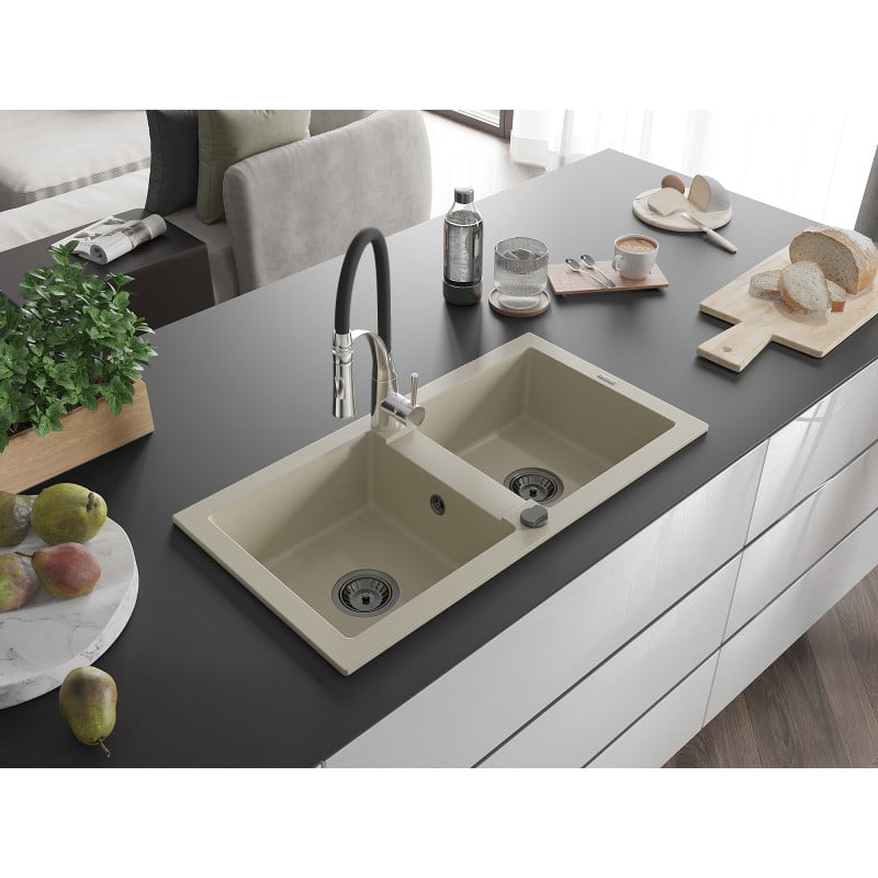Mexen Mario Granitspüle 2-Kammer mit Küchenarmatur Aster, beige - 6504-69-73450-07-B