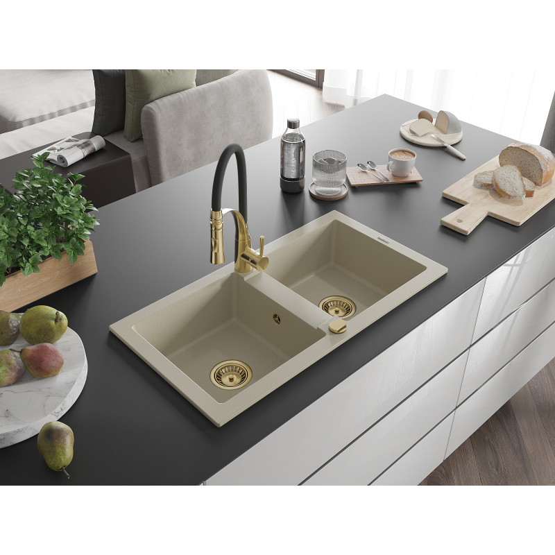 Mexen Mario 2-kommer-Spülbecken aus Granit mit Aster Küchenarmatur, beige - 6504-69-73450-57-G