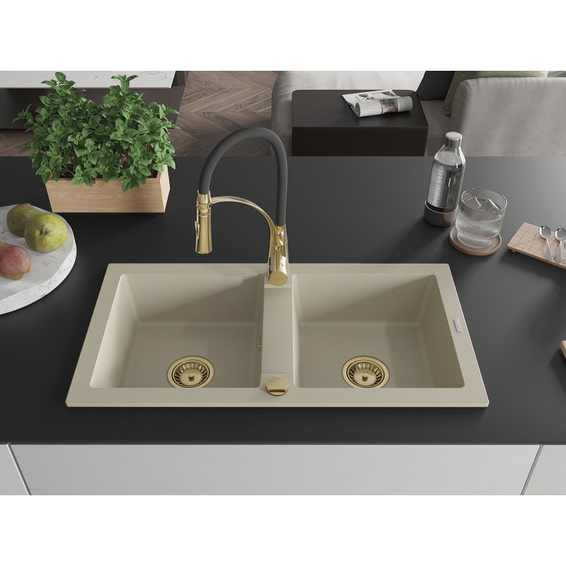 Mexen Mario Granitspüle 2-beckig mit Küchenarmatur Aster, beige - 6504-69-73450-57-G