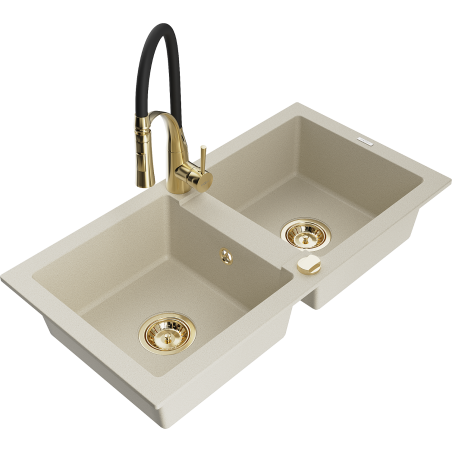 Mexen Mario 2-Becken-Granitspüle mit Mischbatterie Aster, Beige - 6504-69-73450-57-G