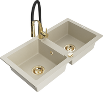 Mexen Mario Granitspüle 2-beckig mit Küchenarmatur Aster, beige - 6504-69-73450-57-G