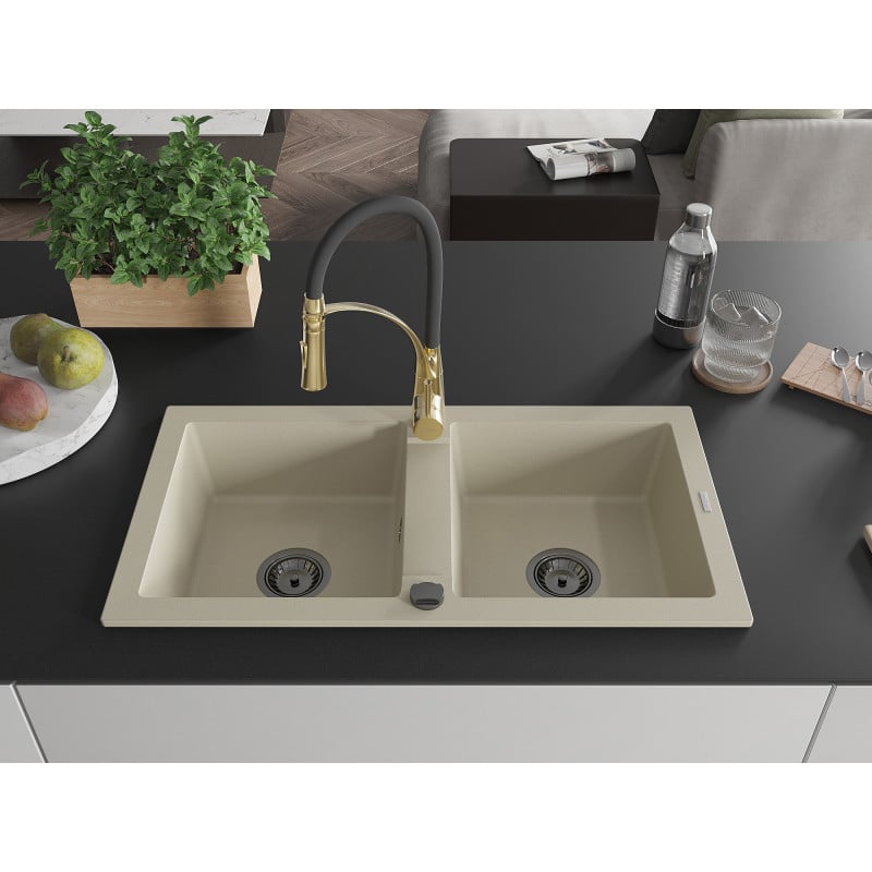 Mexen Mario Granitspüle 2-Becken mit Küchenarmatur Aster, beige - 6504-69-73450-57-B