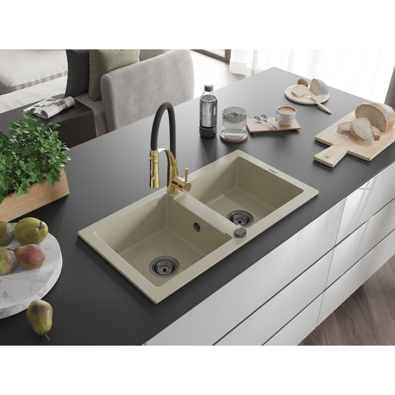 Mexen Mario Granitspüle 2-Becken mit Küchenarmatur Aster, beige - 6504-69-73450-57-B