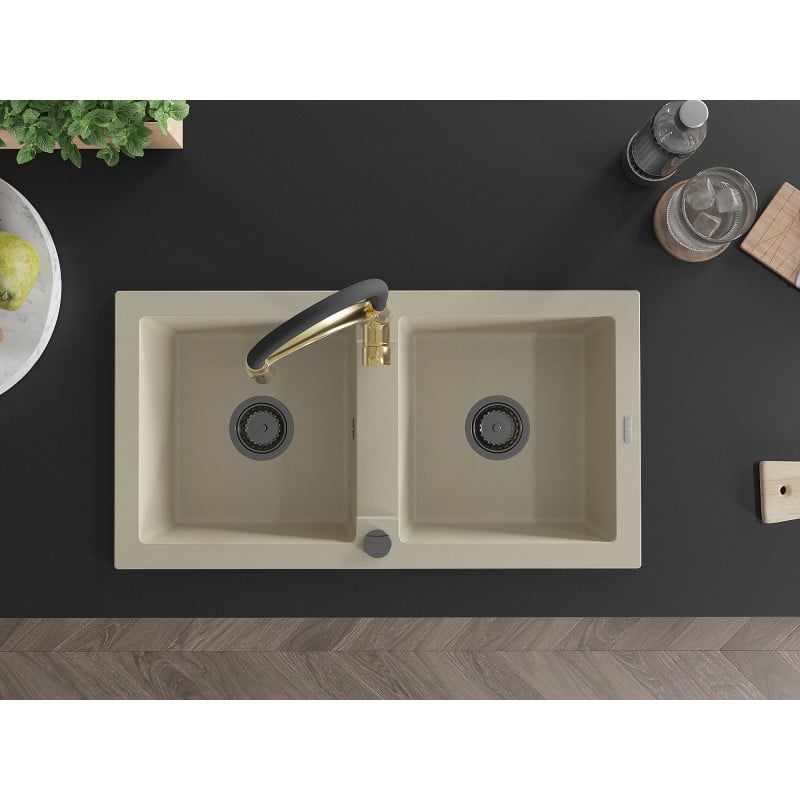 Mexen Mario Granitspüle 2-Becken mit Küchenarmatur Aster, beige - 6504-69-73450-57-B