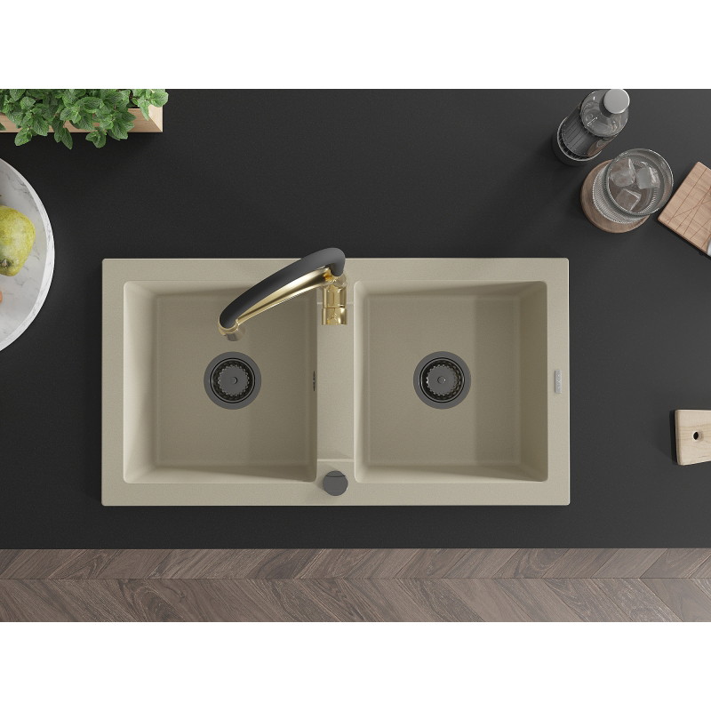 Mexen Mario granitspüle mit 2 Kammern und Küchenarmatur Aster, beige - 6504-69-73450-57-B