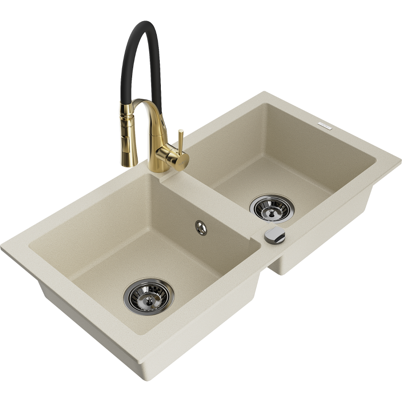 Mexen Mario Granitspüle 2-Becken mit Küchenarmatur Aster, beige - 6504-69-73450-57-B