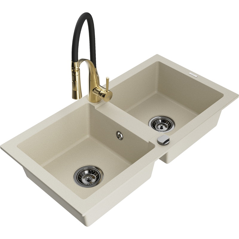 Mexen Mario Granitspüle 2-Kammern mit Küchenarmatur Aster, beige - 6504-69-73450-57-B