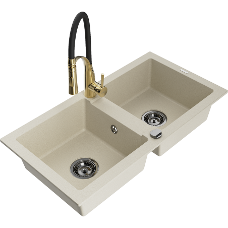 Mexen Mario Granitspüle 2-Kammern mit Küchenarmatur Aster, beige - 6504-69-73450-57-B