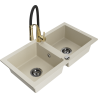 Mexen Mario granitspüle mit 2 Kammern und Küchenarmatur Aster, beige - 6504-69-73450-57-B