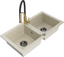 Mexen Mario Granitspüle 2-Becken mit Küchenarmatur Aster, beige - 6504-69-73450-57-B