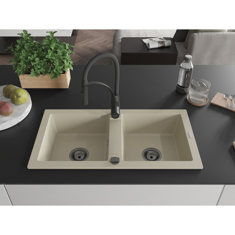 Mexen Mario 2-Kammer-Granitsküle mit Küchenarmatur Aster, beige - 6504-69-73450-70-B