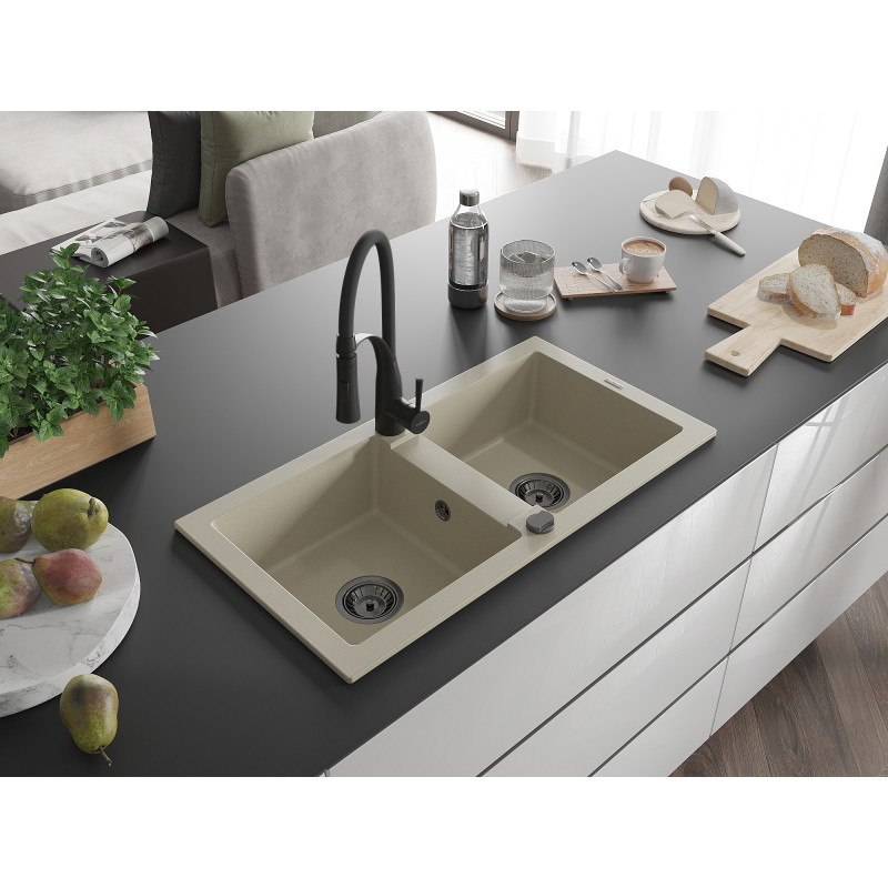 Mexen Mario Granitspüle 2-Komponenten mit Küchenarmatur Aster, beige - 6504-69-73450-70-B
