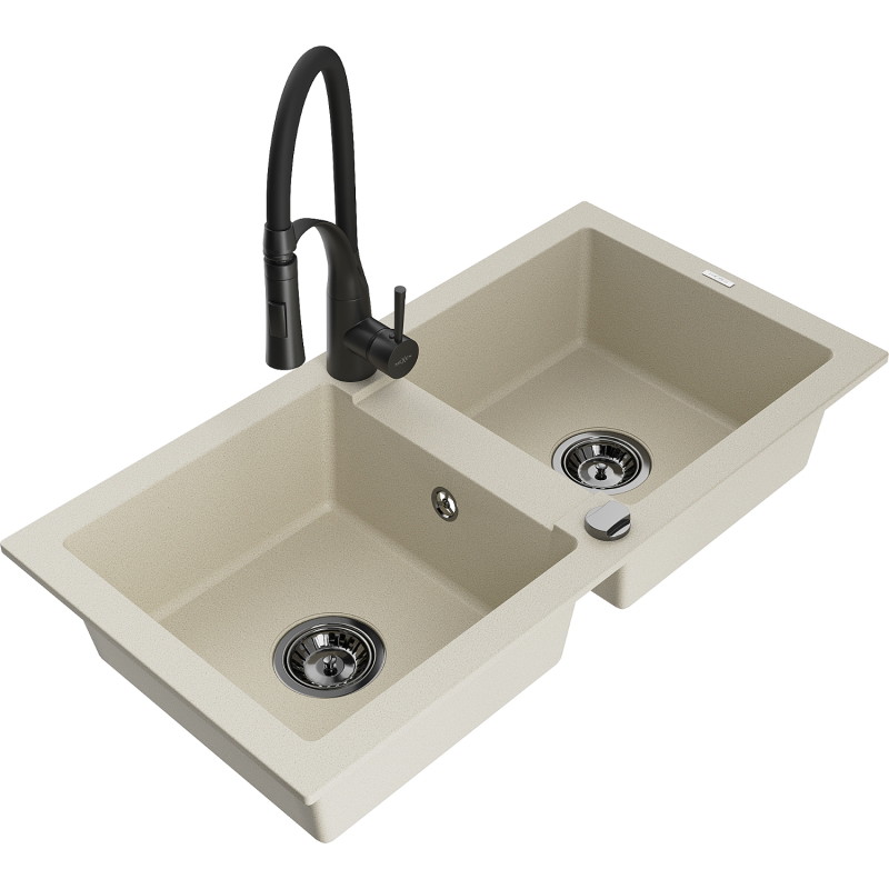 Mexen Mario 2-Kammer-Granitsküle mit Küchenarmatur Aster, beige - 6504-69-73450-70-B