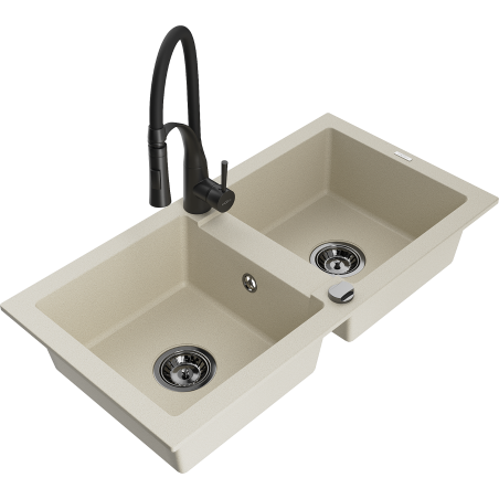 Mexen Mario Granitspüle mit 2 Becken und Küchenarmatur Aster, beige - 6504-69-73450-70-B