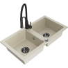 Mexen Mario Granitspüle mit 2 Becken und Küchenarmatur Aster, beige - 6504-69-73450-70-B