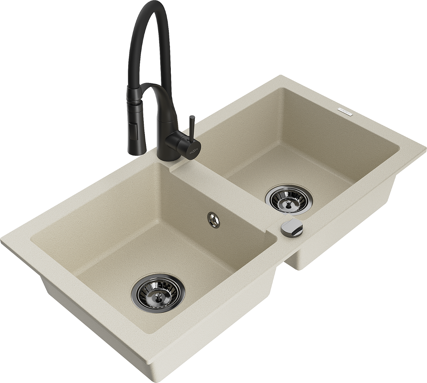 Mexen Mario 2-Becken-Granitspüle mit Mischbatterie Aster, Beige - 6504-69-73450-70-B