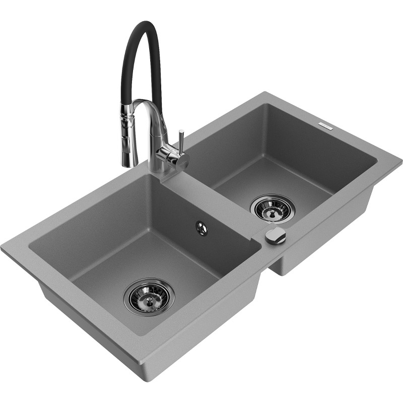 Mexen Mario Granitspüle, 2-Becken, mit Küchenarmatur Aster, grau - 6504-71-73450-07-B