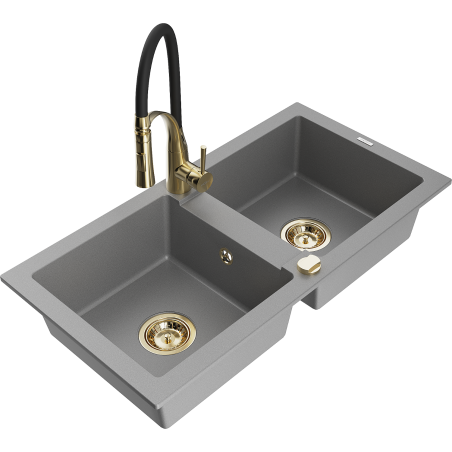 Mexen Mario Granitspüle 2-Kammer mit Küchenarmatur Aster, grau - 6504-71-73450-57-G