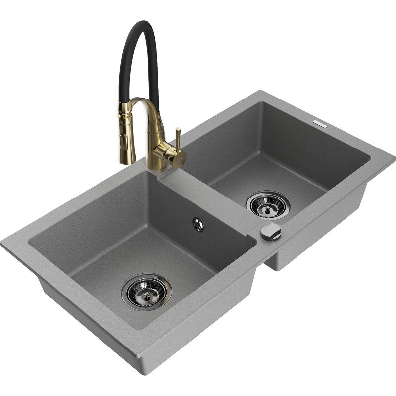 Mexen Mario Granit-Spüle 2-Kammern mit Küchenarmatur Aster, grau - 6504-71-73450-57-B