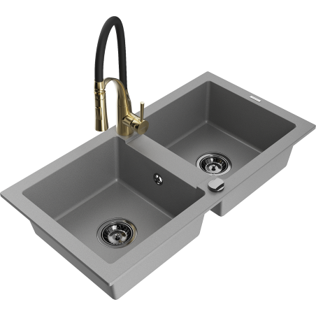 Mexen Mario granitspüle 2-becken mit küchenarmatur Aster, grau - 6504-71-73450-57-B