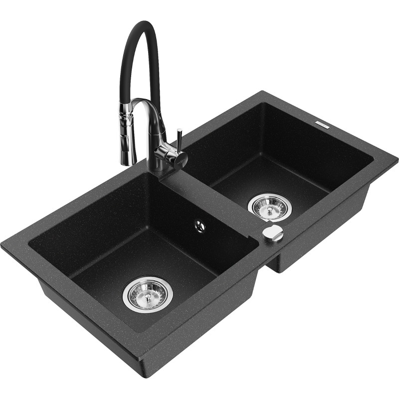 Mexen Mario granitspüle 2-becken mit küchenarmatur Aster, schwarz/silber metallic - 6504-73-73450-07
