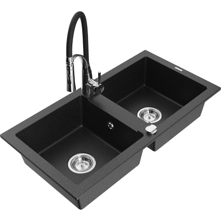 Mexen Mario granitspüle 2-becken mit küchenarmatur Aster, schwarz/silber metallic - 6504-73-73450-07