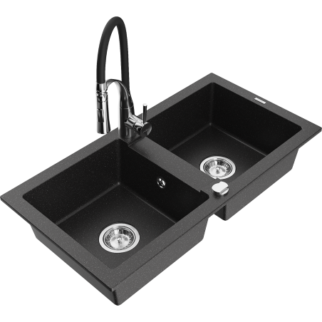 Mexen Mario Granitspüle 2-beckig mit Küchenarmatur Aster, schwarz/silber Metallic - 6504-73-73450-07