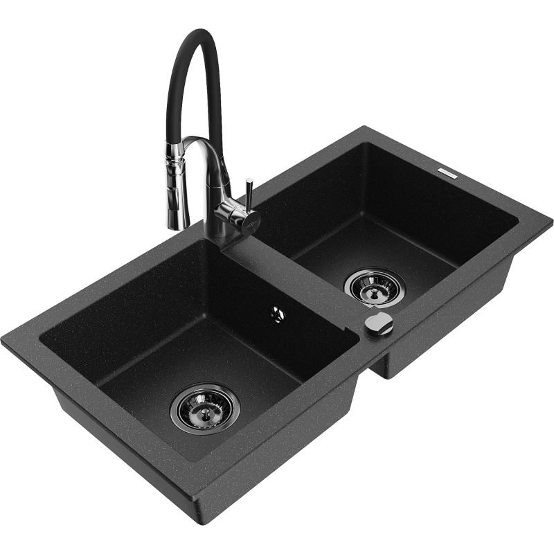 Mexen Mario Granitspüle 2-Becken mit Küchenarmatur Aster, schwarz/silber metallic - 6504-73-73450-07-B