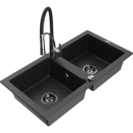 Mexen Mario Granitspüle 2-Becken mit Küchenarmatur Aster, schwarz/silber metallic - 6504-73-73450-07-B