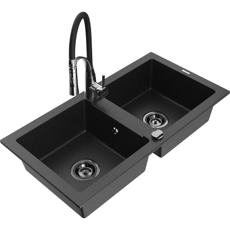 Mexen Mario Granitspüle 2-Kammer mit Küchenarmatur Aster, schwarz/silber-metallic - 6504-73-73450-07-B