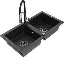 Mexen Mario Granitspüle 2-Becken mit Küchenarmatur Aster, schwarz/silber metallic - 6504-73-73450-07-B