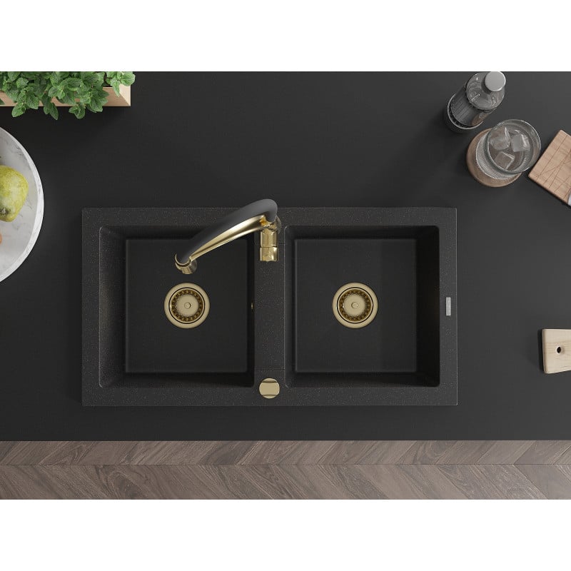 Mexen Mario Granitspüle 2-Kammer mit Küchenarmatur Aster, schwarz/silber metallic - 6504-73-73450-57-G
